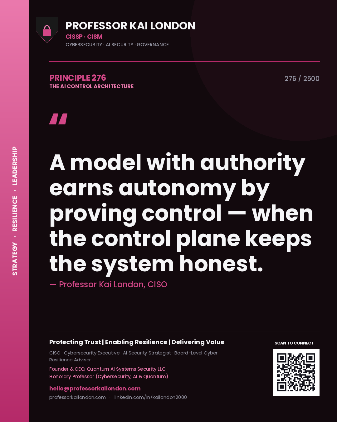 Quote card by Professor Kai London reading 'A model with authority earns autonomy by proving control — when the control plane keeps the system honest.'. From the book The AI Control Architecture.