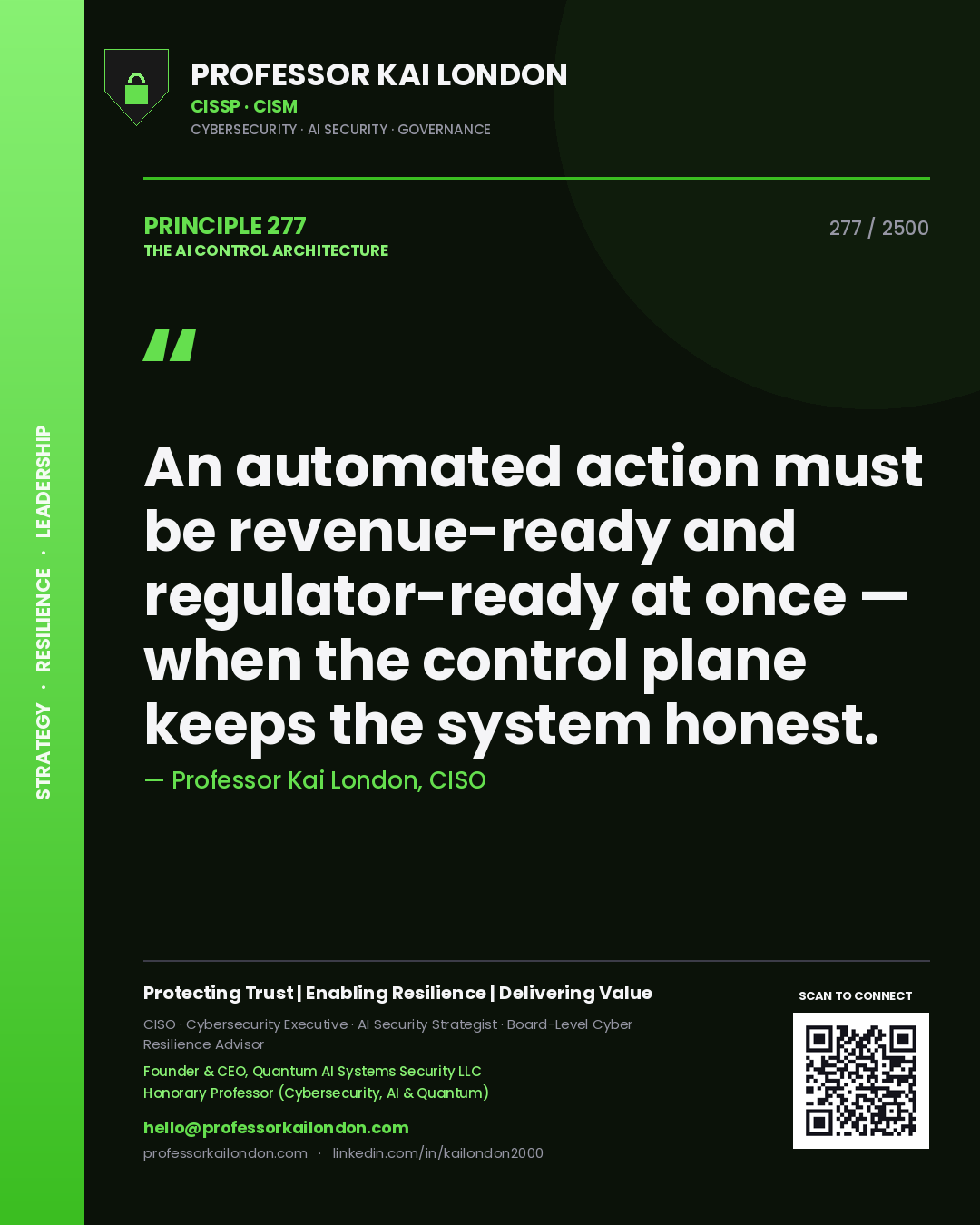 Quote card by Professor Kai London reading 'An automated action must be revenue-ready and regulator-ready at once — when the control plane keeps the system honest.'. From the book The AI Control Architecture.