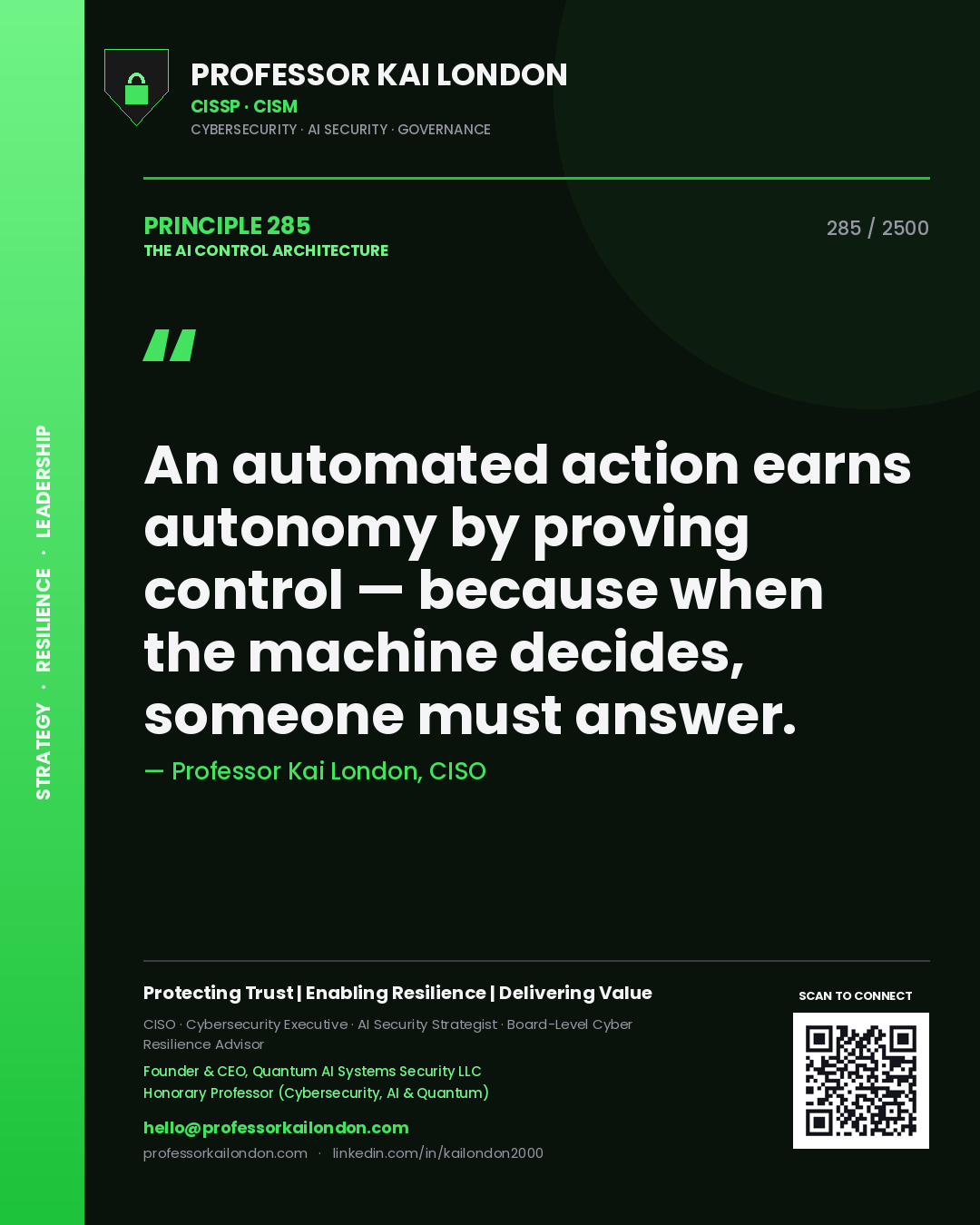 Quote card by Professor Kai London reading 'An automated action earns autonomy by proving control — because when the machine decides, someone must answer.'. From the book The AI Control Architecture.