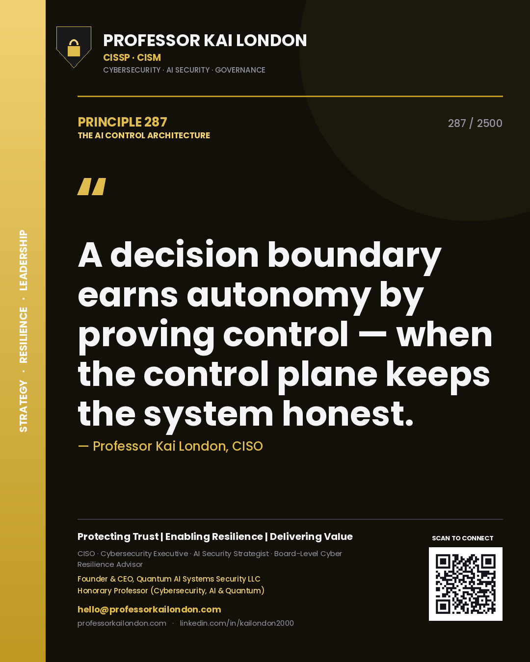Quote card by Professor Kai London reading 'A decision boundary earns autonomy by proving control — when the control plane keeps the system honest.'. From the book The AI Control Architecture.