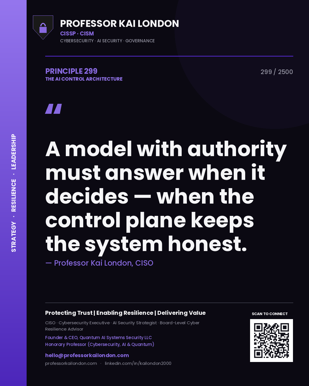Quote card by Professor Kai London reading 'A model with authority must answer when it decides — when the control plane keeps the system honest.'. From the book The AI Control Architecture.