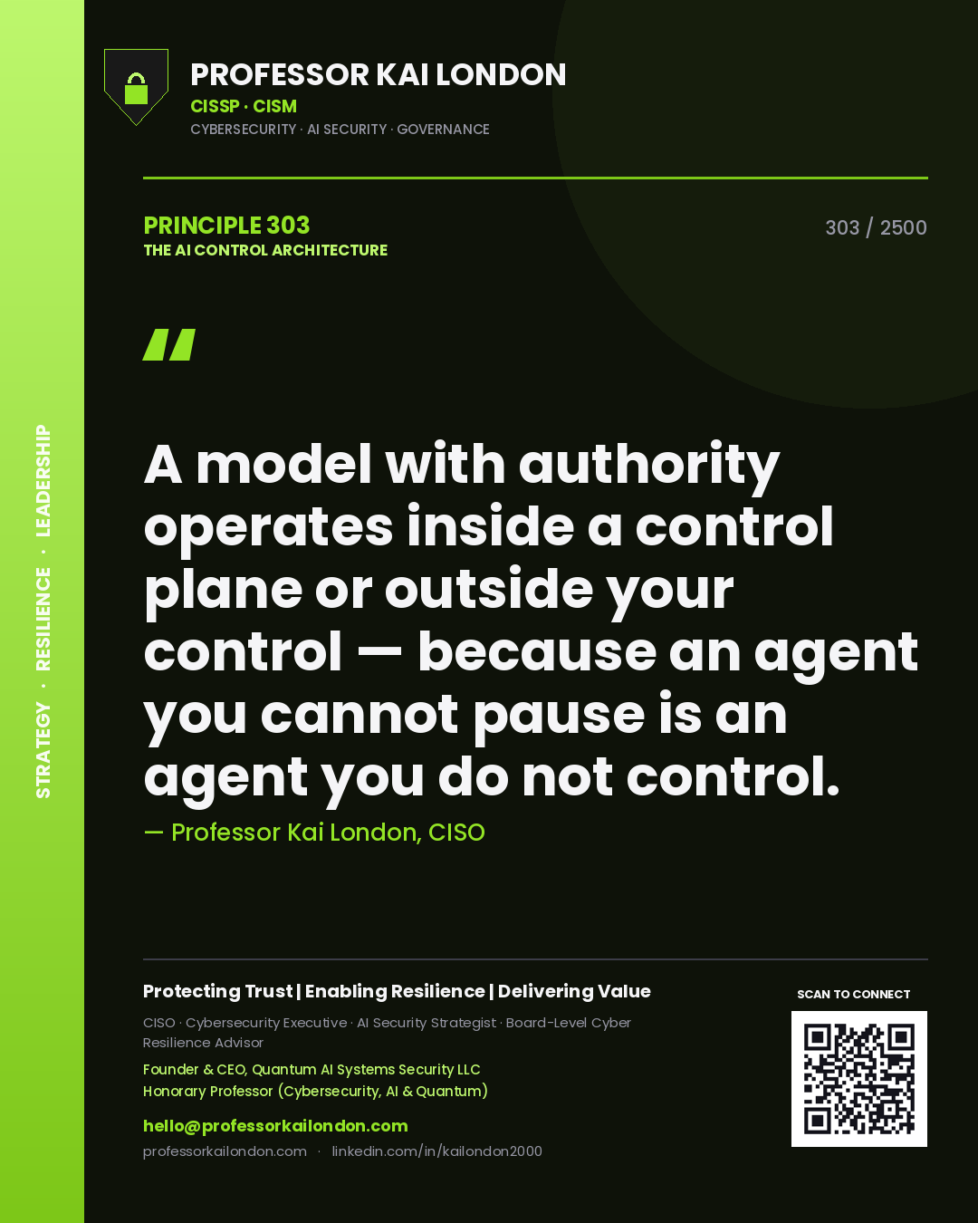 Quote card by Professor Kai London reading 'A model with authority operates inside a control plane or outside your control — because an agent you cannot pause is an agent you do not control.'. From the book The AI Control Architecture.