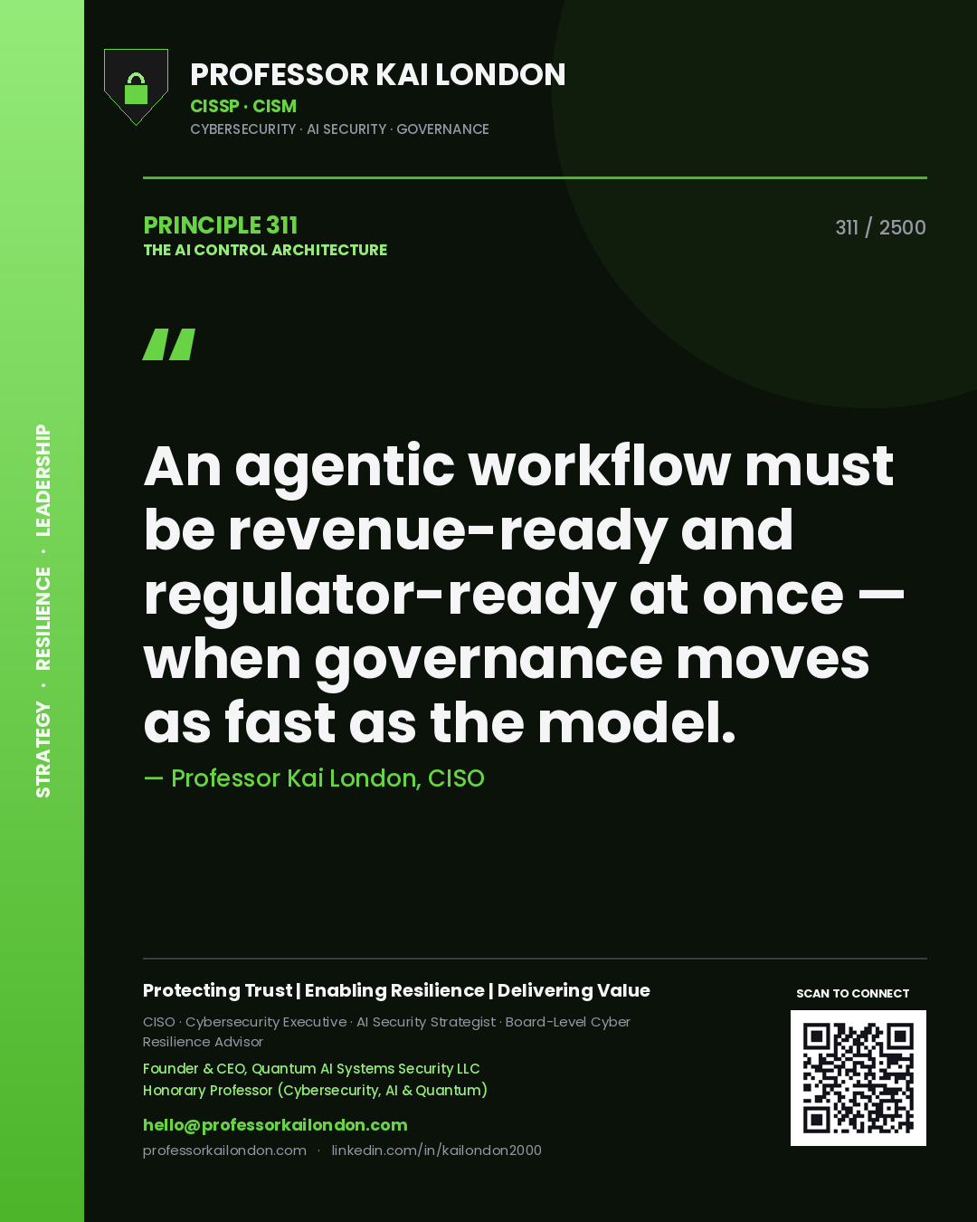 Quote card by Professor Kai London reading 'An agentic workflow must be revenue-ready and regulator-ready at once — when governance moves as fast as the model.'. From the book The AI Control Architecture.