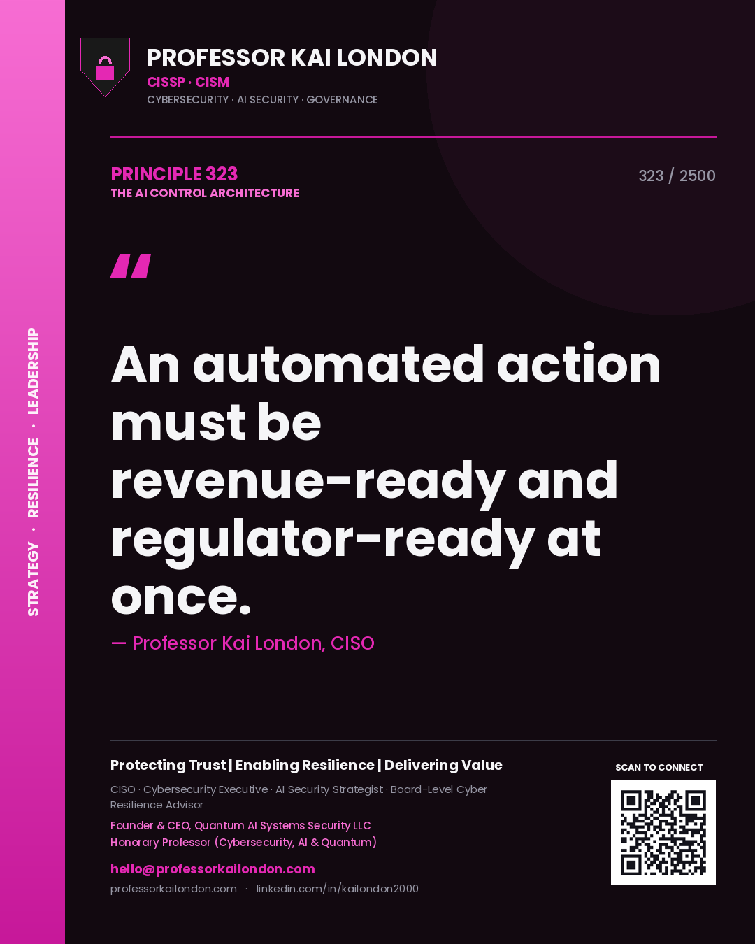 Quote card by Professor Kai London reading 'An automated action must be revenue-ready and regulator-ready at once.'. From the book The AI Control Architecture.