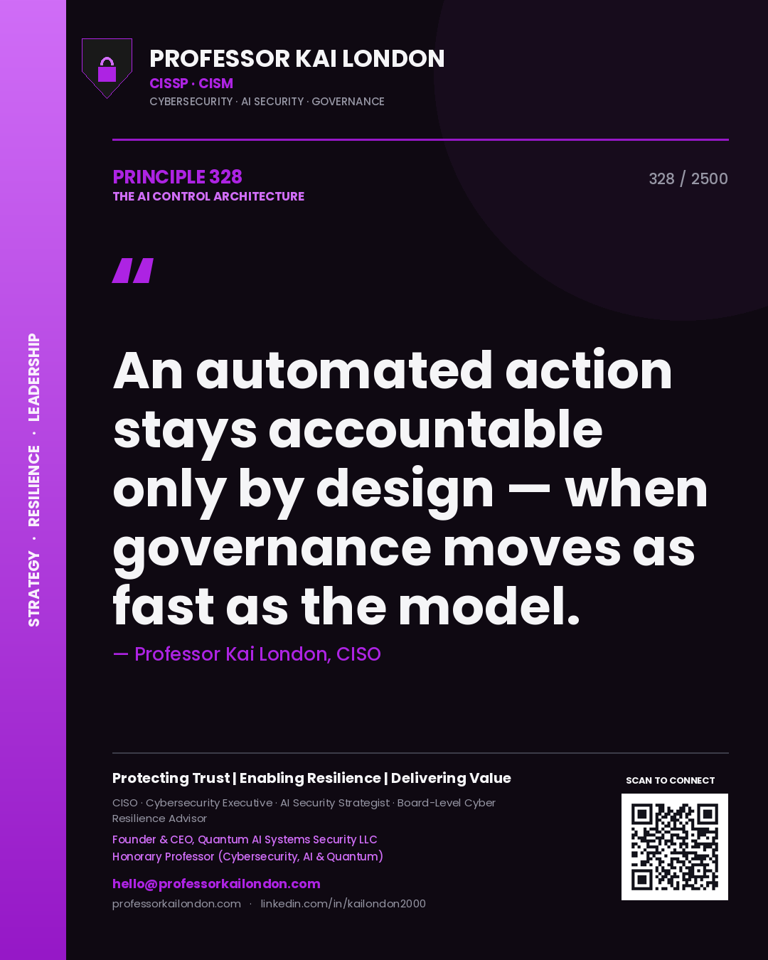 Quote card by Professor Kai London reading 'An automated action stays accountable only by design — when governance moves as fast as the model.'. From the book The AI Control Architecture.