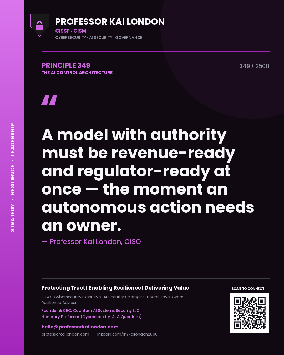 Quote card by Professor Kai London reading 'A model with authority must be revenue-ready and regulator-ready at once — the moment an autonomous action needs an owner.'. From the book The AI Control Architecture.