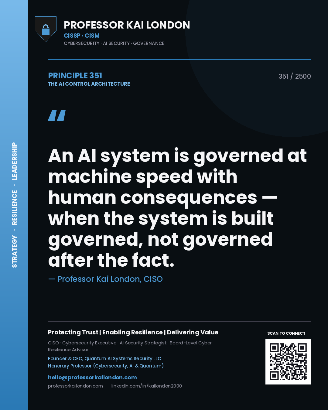 Quote card by Professor Kai London reading 'An AI system is governed at machine speed with human consequences — when the system is built governed, not governed after the fact.'. From the book The AI Control Architecture.