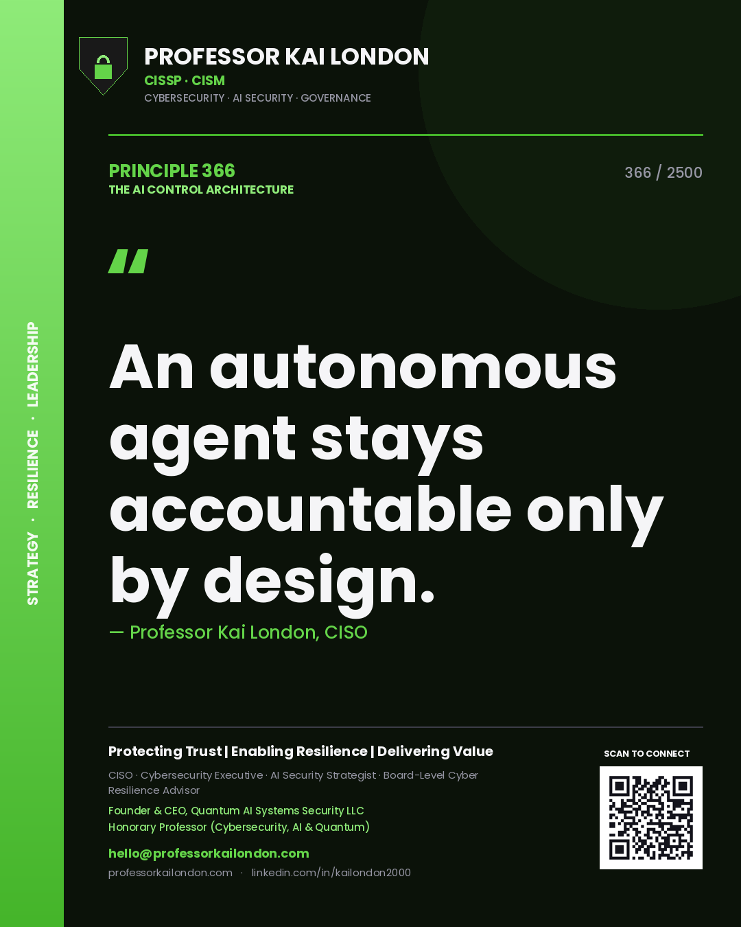 Quote card by Professor Kai London reading 'An autonomous agent stays accountable only by design.'. From the book The AI Control Architecture.