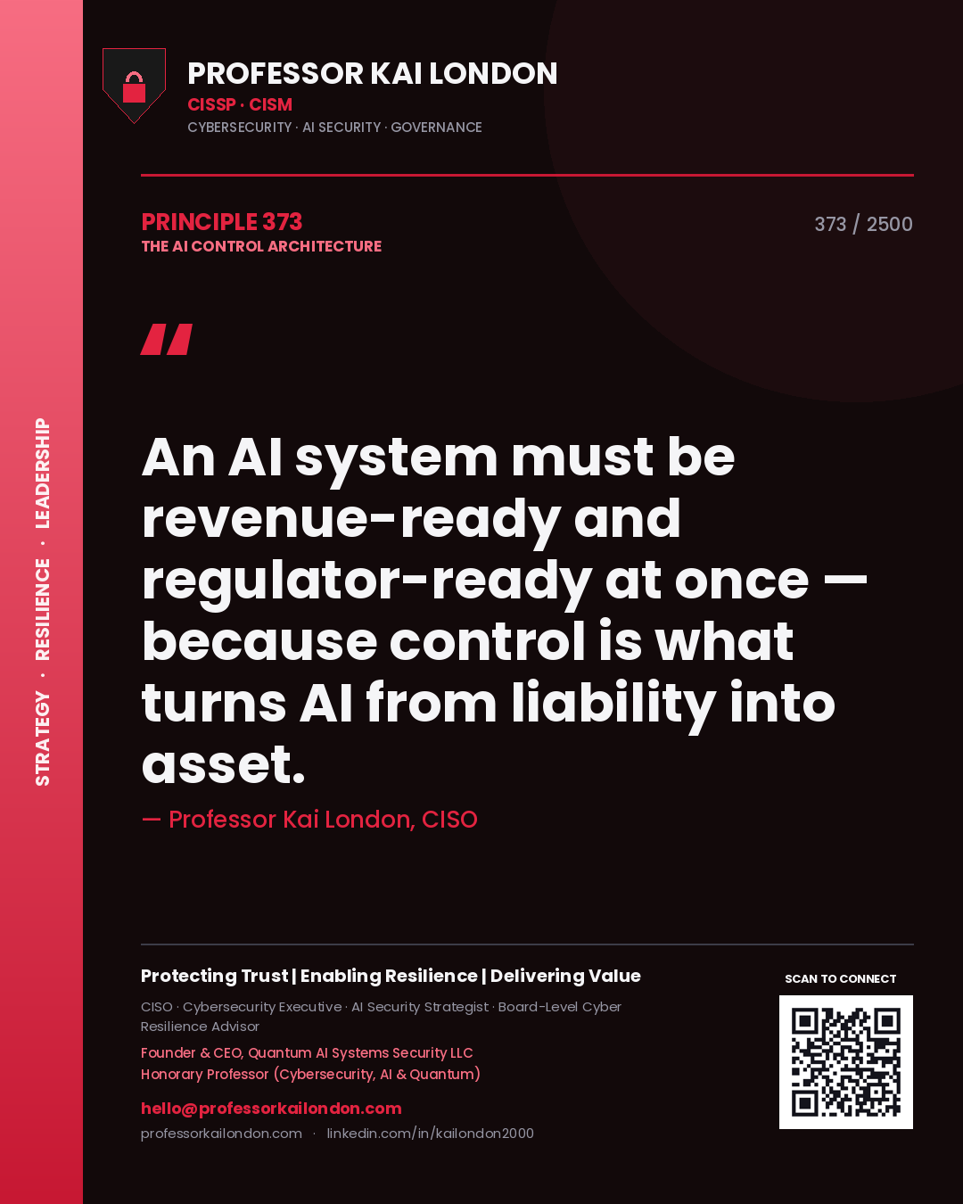 Quote card by Professor Kai London reading 'An AI system must be revenue-ready and regulator-ready at once — because control is what turns AI from liability into asset.'. From the book The AI Control Architecture.