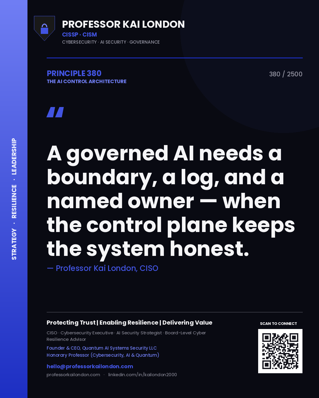 Quote card by Professor Kai London reading 'A governed AI needs a boundary, a log, and a named owner — when the control plane keeps the system honest.'. From the book The AI Control Architecture.