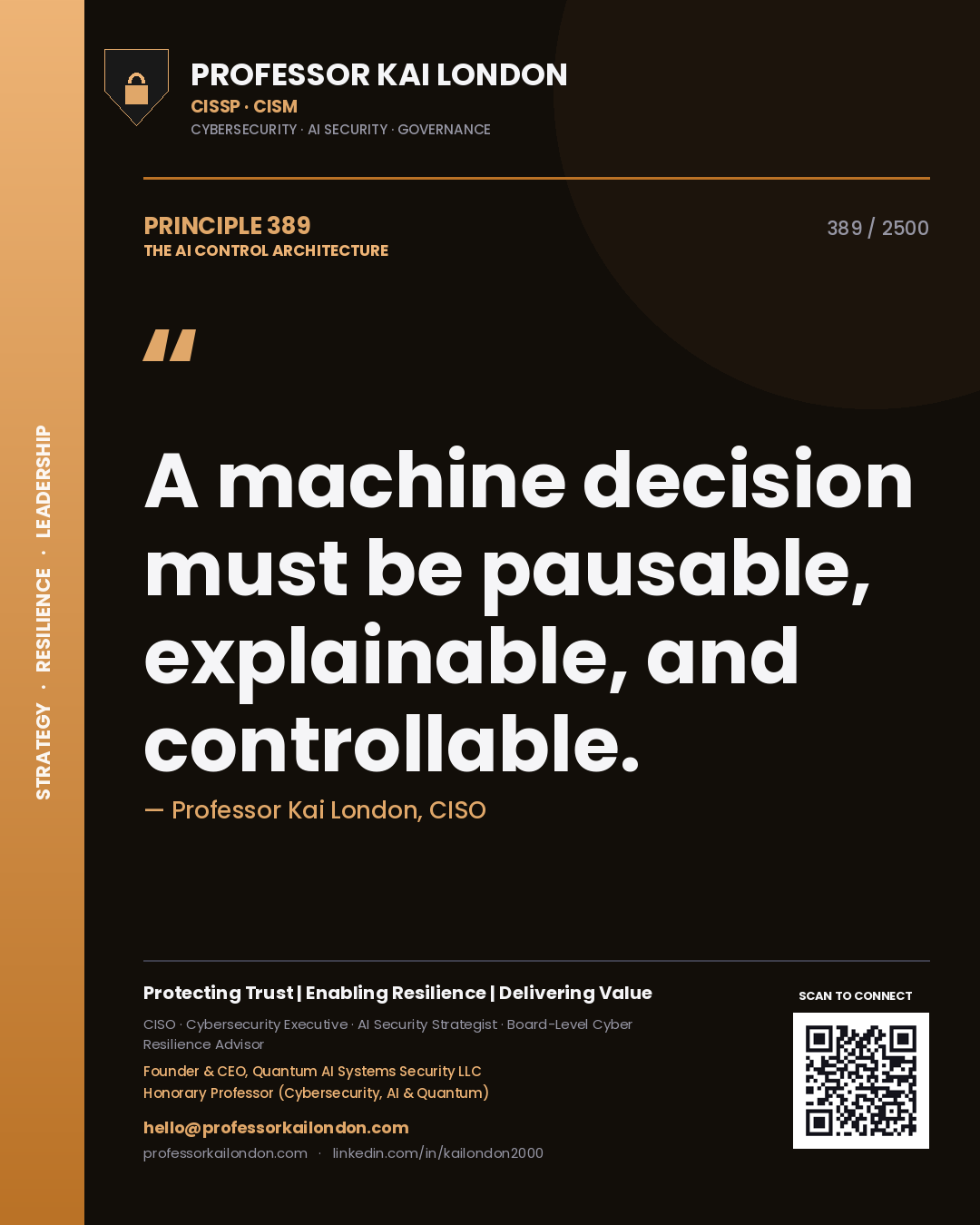 Quote card by Professor Kai London reading 'A machine decision must be pausable, explainable, and controllable.'. From the book The AI Control Architecture.