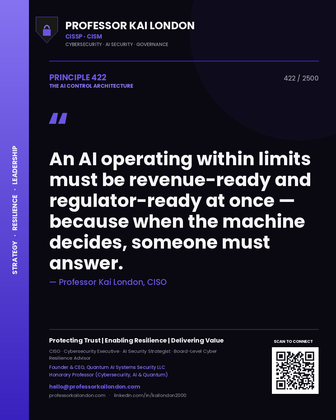 Professor Kai London principle 422: An AI operating within limits must be revenue-ready and regulator-ready at once — because when the machine decides, someone must answer.