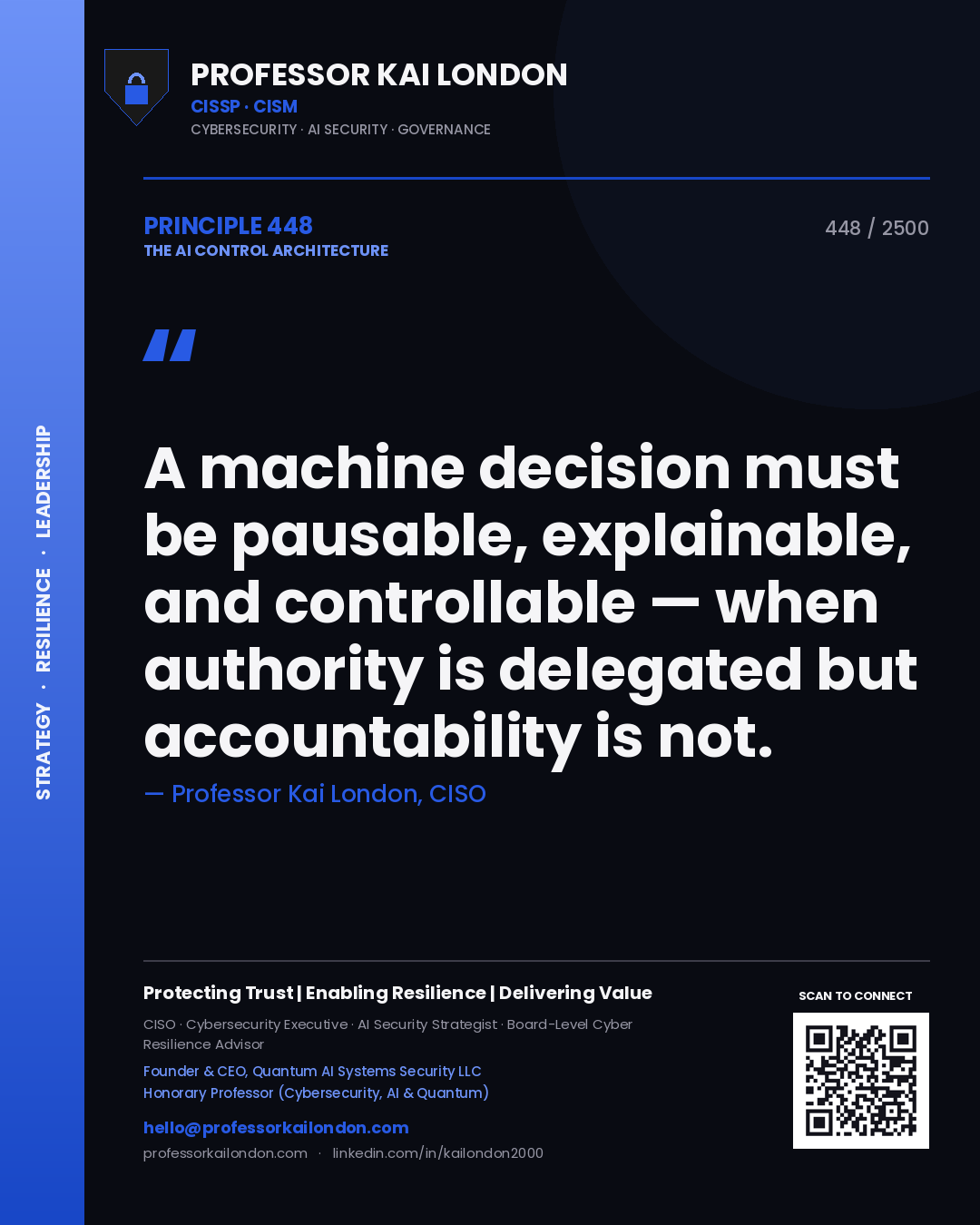 Quote card by Professor Kai London reading 'A machine decision must be pausable, explainable, and controllable — when authority is delegated but accountability is not.'. From the book The AI Control Architecture.