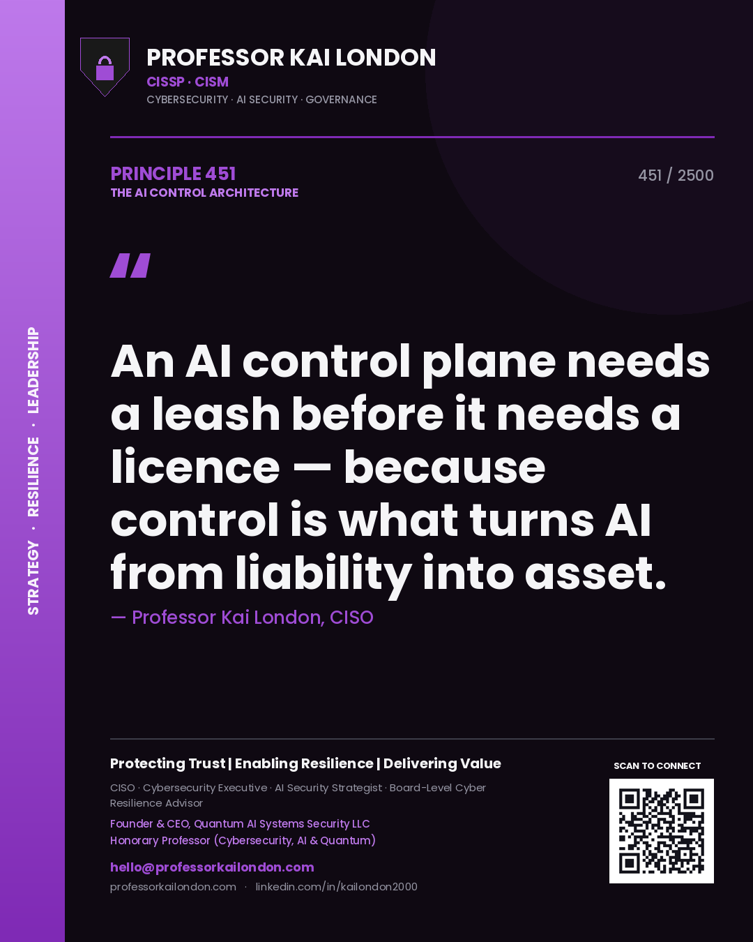 Professor Kai London principle 451: An AI control plane needs a leash before it needs a licence — because control is what turns AI from liability into asset.