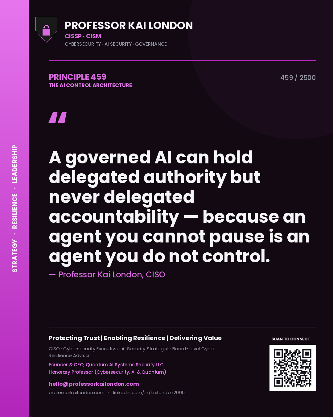 Professor Kai London principle 459: A governed AI can hold delegated authority but never delegated accountability — because an agent you cannot pause is an agent you do not control.