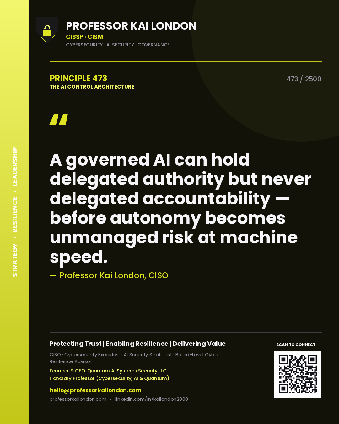 Quote card by Professor Kai London reading 'A governed AI can hold delegated authority but never delegated accountability — before autonomy becomes unmanaged risk at machine speed.'. From the book The AI Control Architecture.