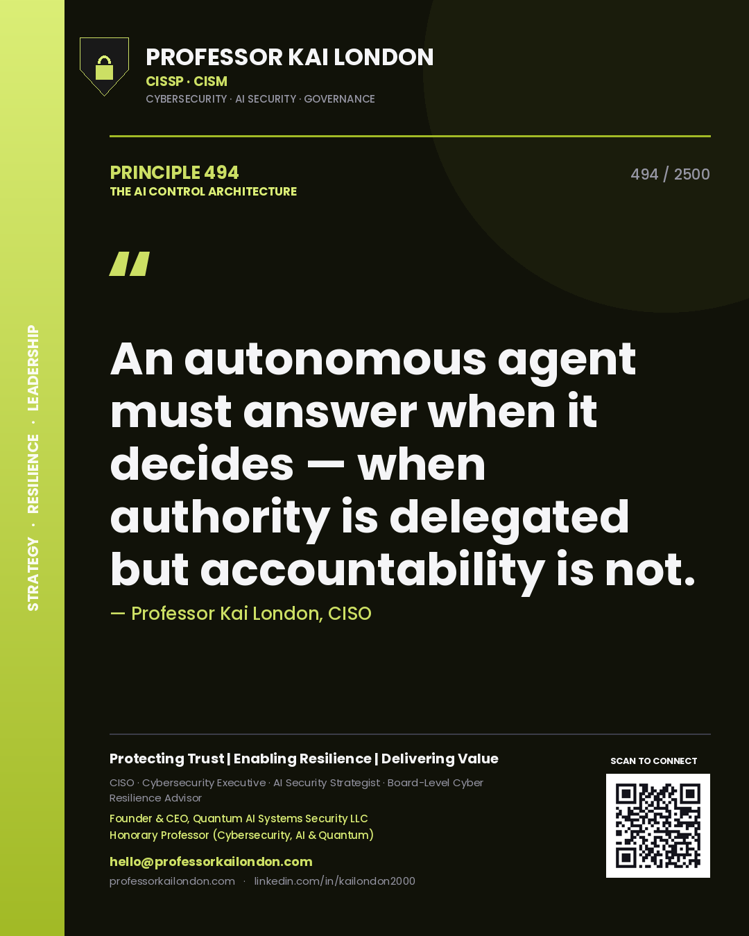 Quote card by Professor Kai London reading 'An autonomous agent must answer when it decides — when authority is delegated but accountability is not.'. From the book The AI Control Architecture.