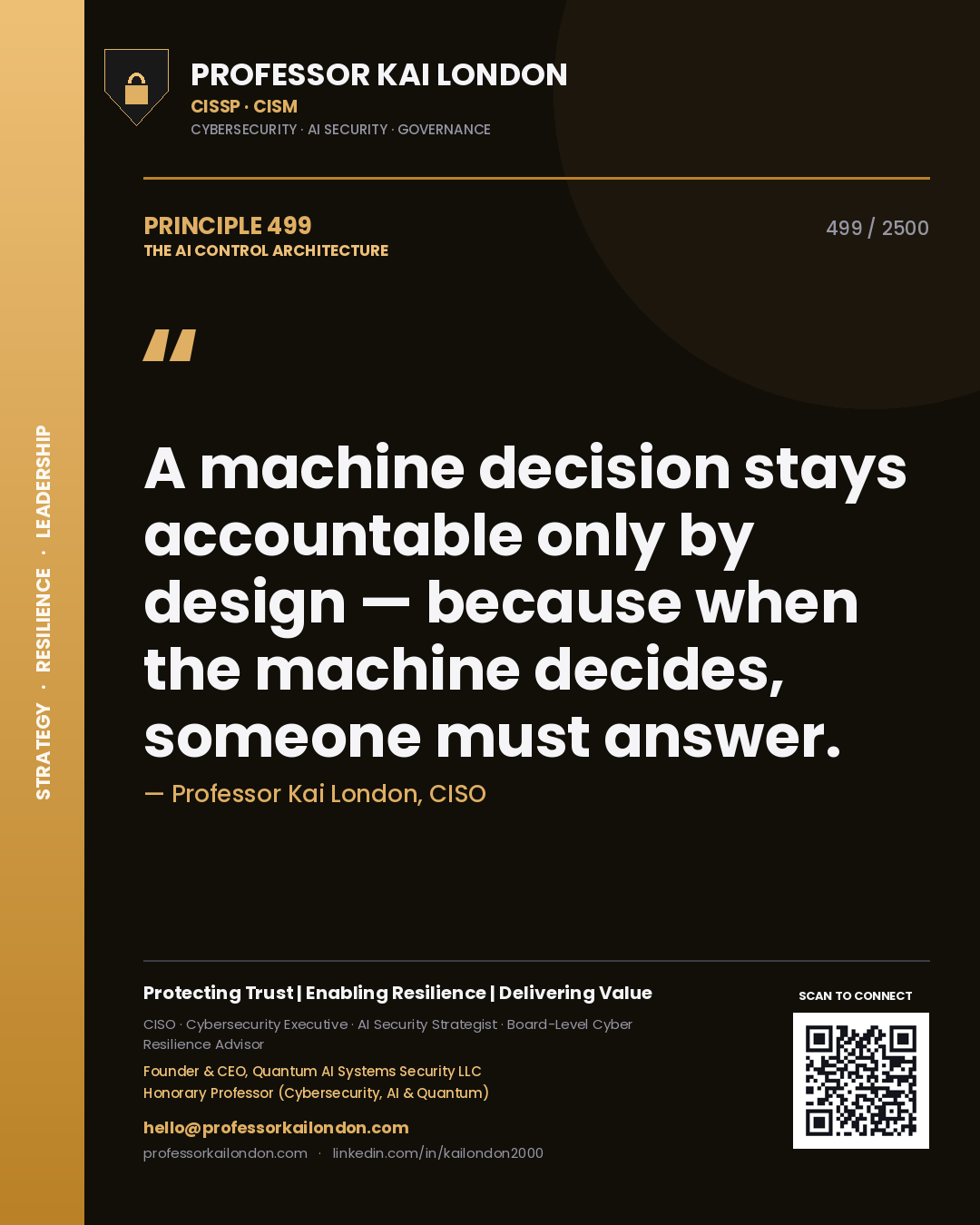 Quote card by Professor Kai London reading 'A machine decision stays accountable only by design — because when the machine decides, someone must answer.'. From the book The AI Control Architecture.