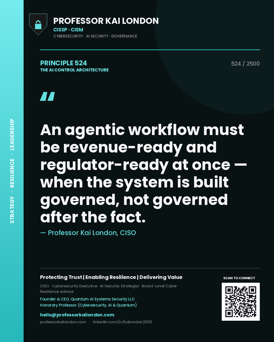 Quote card by Professor Kai London reading 'An agentic workflow must be revenue-ready and regulator-ready at once — when the system is built governed, not governed after the fact.'. From the book The AI Control Architecture.