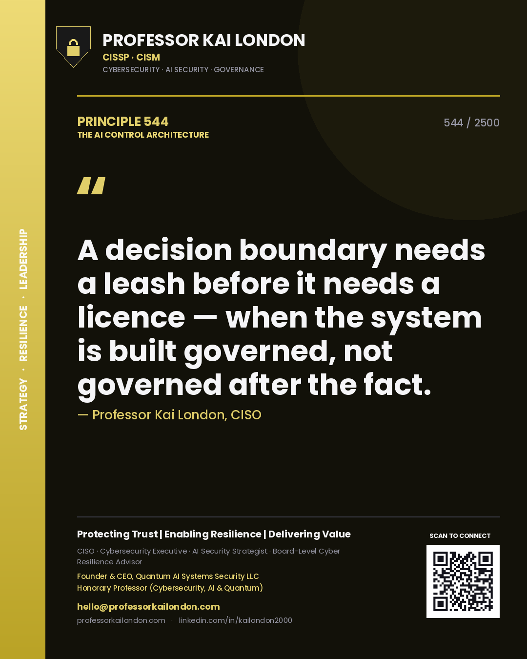 Quote card by Professor Kai London reading 'A decision boundary needs a leash before it needs a licence — when the system is built governed, not governed after the fact.'. From the book The AI Control Architecture.