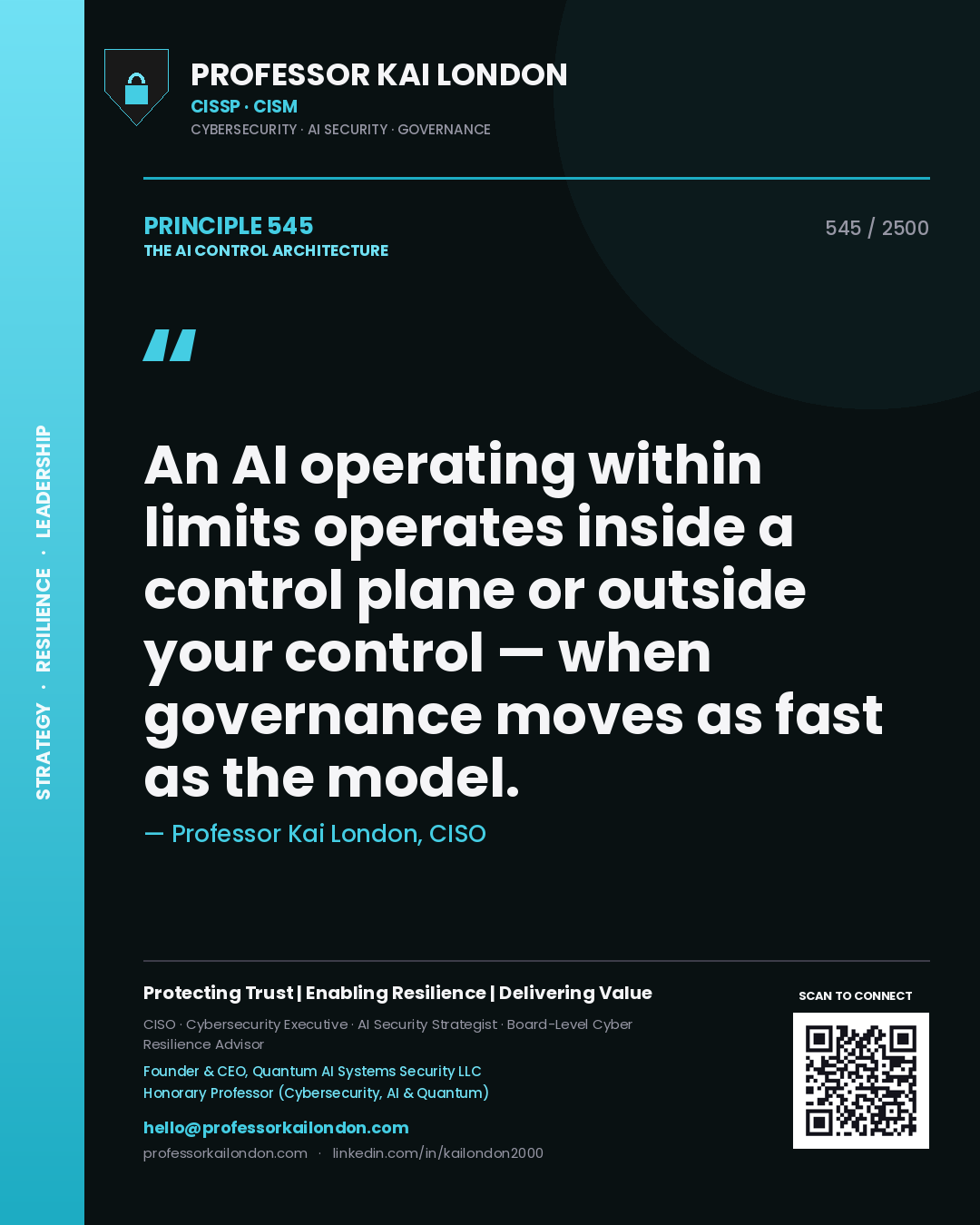 Quote card by Professor Kai London reading 'An AI operating within limits operates inside a control plane or outside your control — when governance moves as fast as the model.'. From the book The AI Control Architecture.