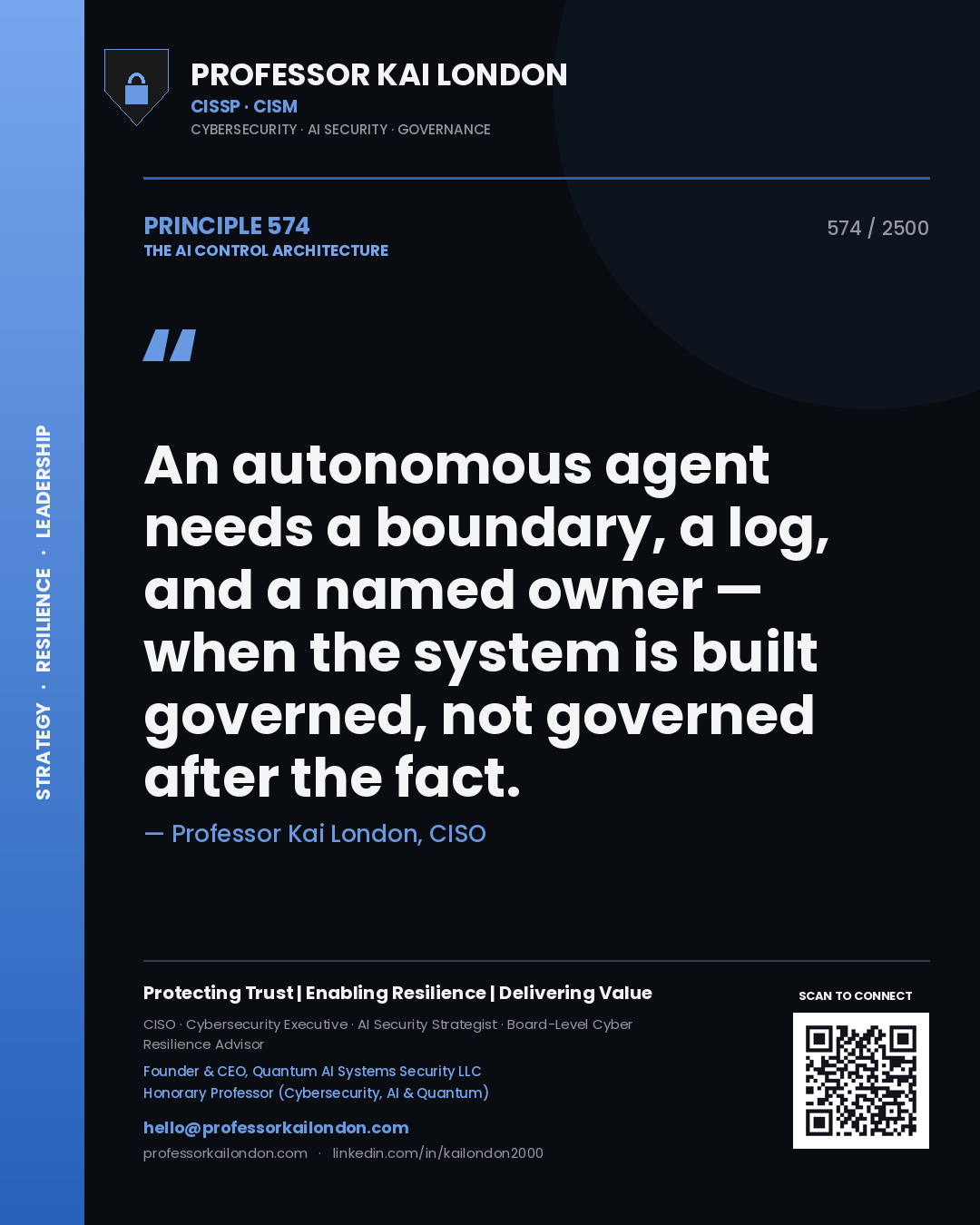 Quote card by Professor Kai London reading 'An autonomous agent needs a boundary, a log, and a named owner — when the system is built governed, not governed after the fact.'. From the book The AI Control Architecture.