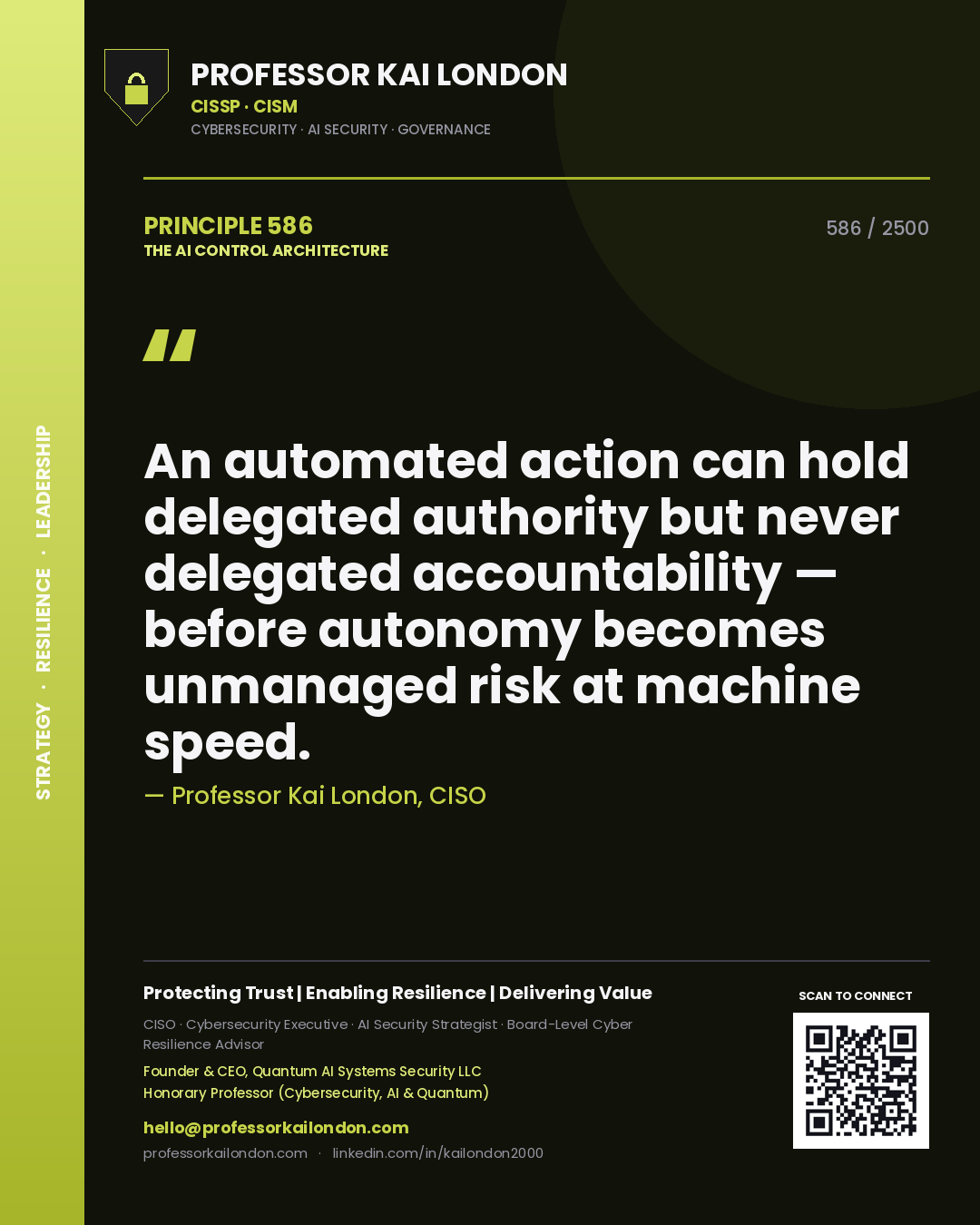 Quote card by Professor Kai London reading 'An automated action can hold delegated authority but never delegated accountability — before autonomy becomes unmanaged risk at machine speed.'. From the book The AI Control Architecture.