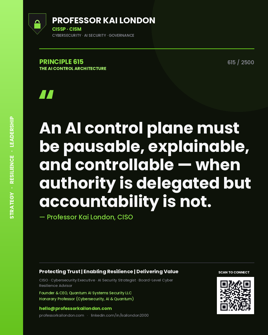 Professor Kai London principle 615: An AI control plane must be pausable, explainable, and controllable — when authority is delegated but accountability is not.