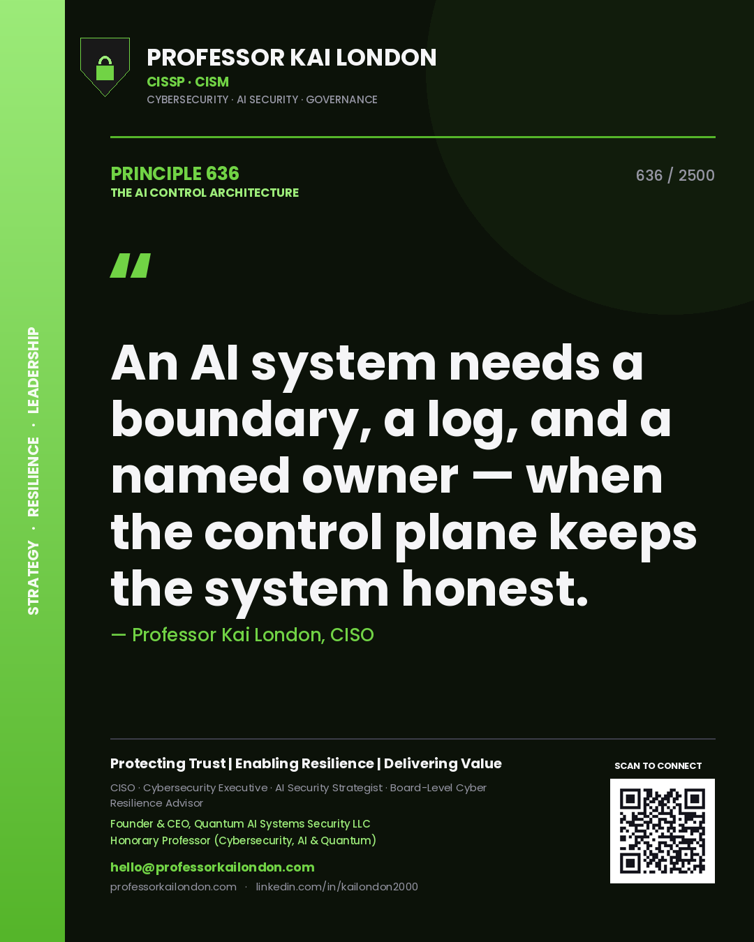 Quote card by Professor Kai London reading 'An AI system needs a boundary, a log, and a named owner — when the control plane keeps the system honest.'. From the book The AI Control Architecture.