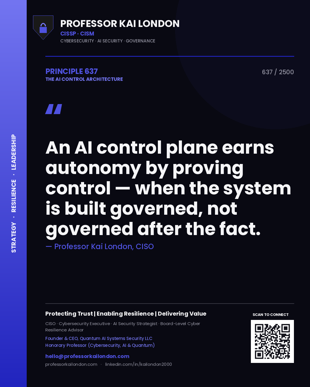 Professor Kai London principle 637: An AI control plane earns autonomy by proving control — when the system is built governed, not governed after the fact.