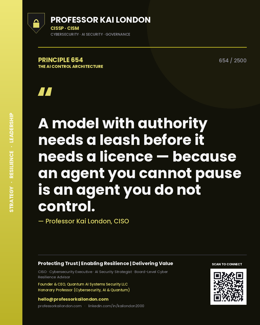 Professor Kai London principle 654: A model with authority needs a leash before it needs a licence — because an agent you cannot pause is an agent you do not control.