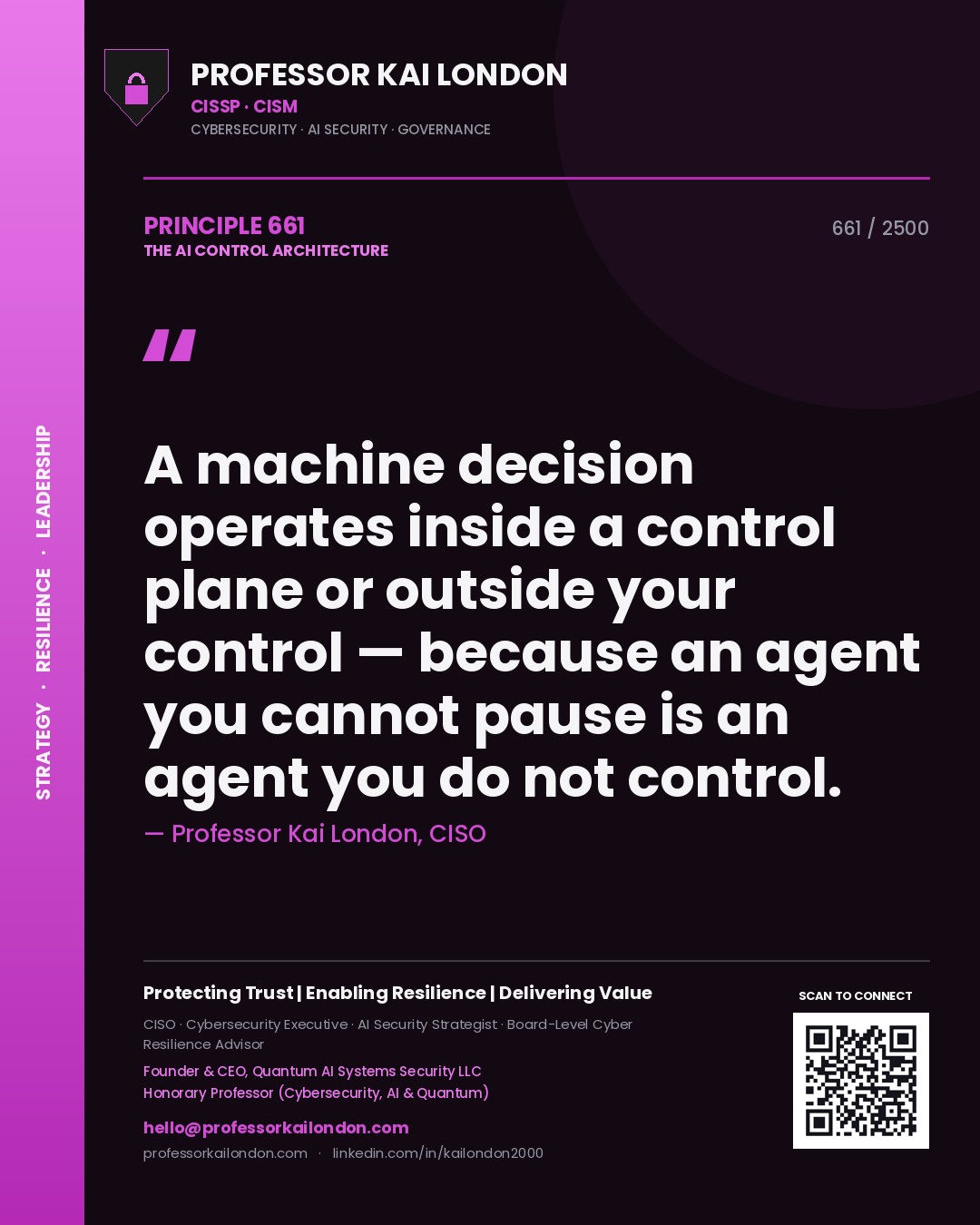 Professor Kai London principle 661: A machine decision operates inside a control plane or outside your control — because an agent you cannot pause is an agent you do not control.