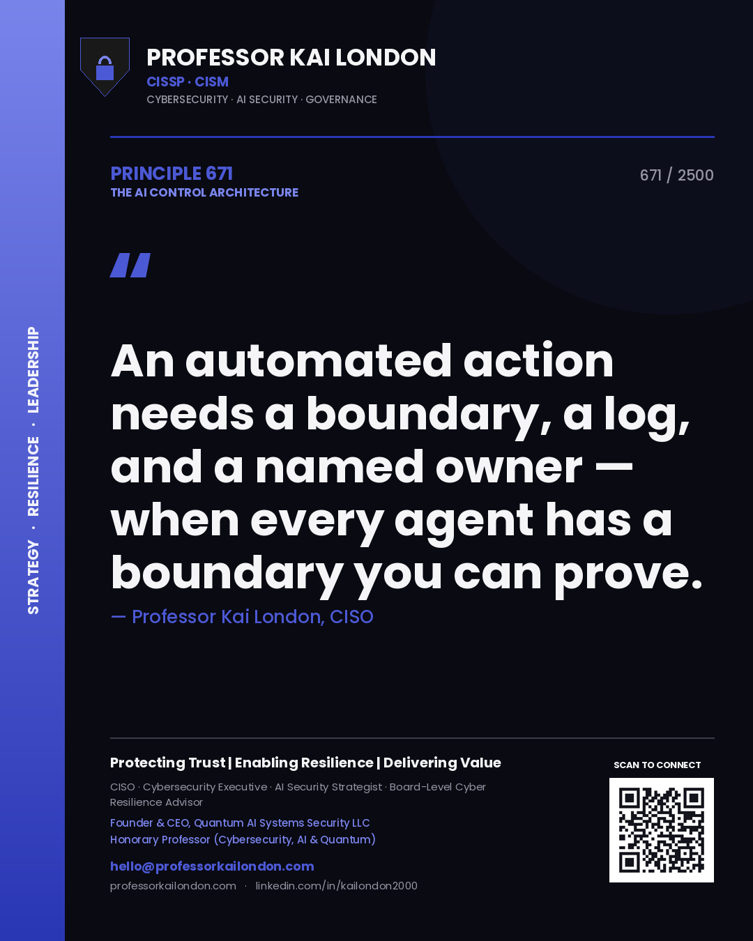 Quote card by Professor Kai London reading 'An automated action needs a boundary, a log, and a named owner — when every agent has a boundary you can prove.'. From the book The AI Control Architecture.