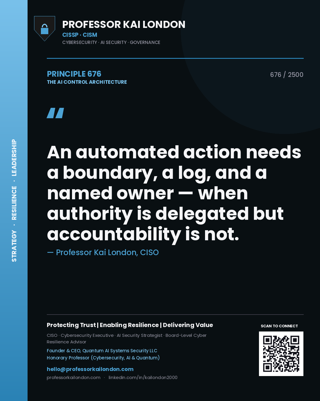 Professor Kai London principle 676: An automated action needs a boundary, a log, and a named owner — when authority is delegated but accountability is not.