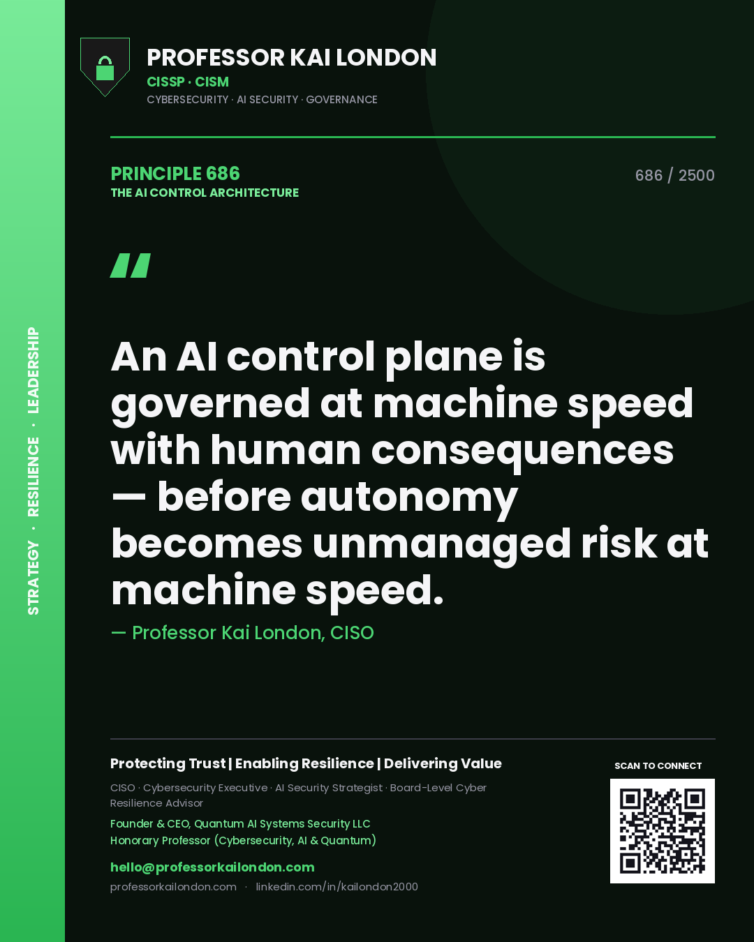 Professor Kai London principle 686: An AI control plane is governed at machine speed with human consequences — before autonomy becomes unmanaged risk at machine speed.