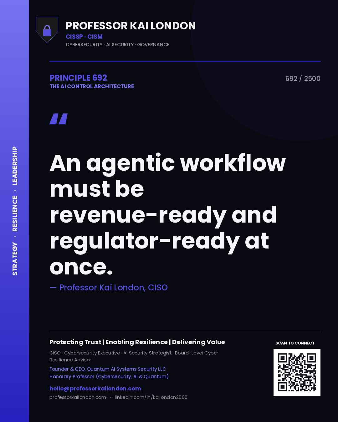 Quote card by Professor Kai London reading 'An agentic workflow must be revenue-ready and regulator-ready at once.'. From the book The AI Control Architecture.