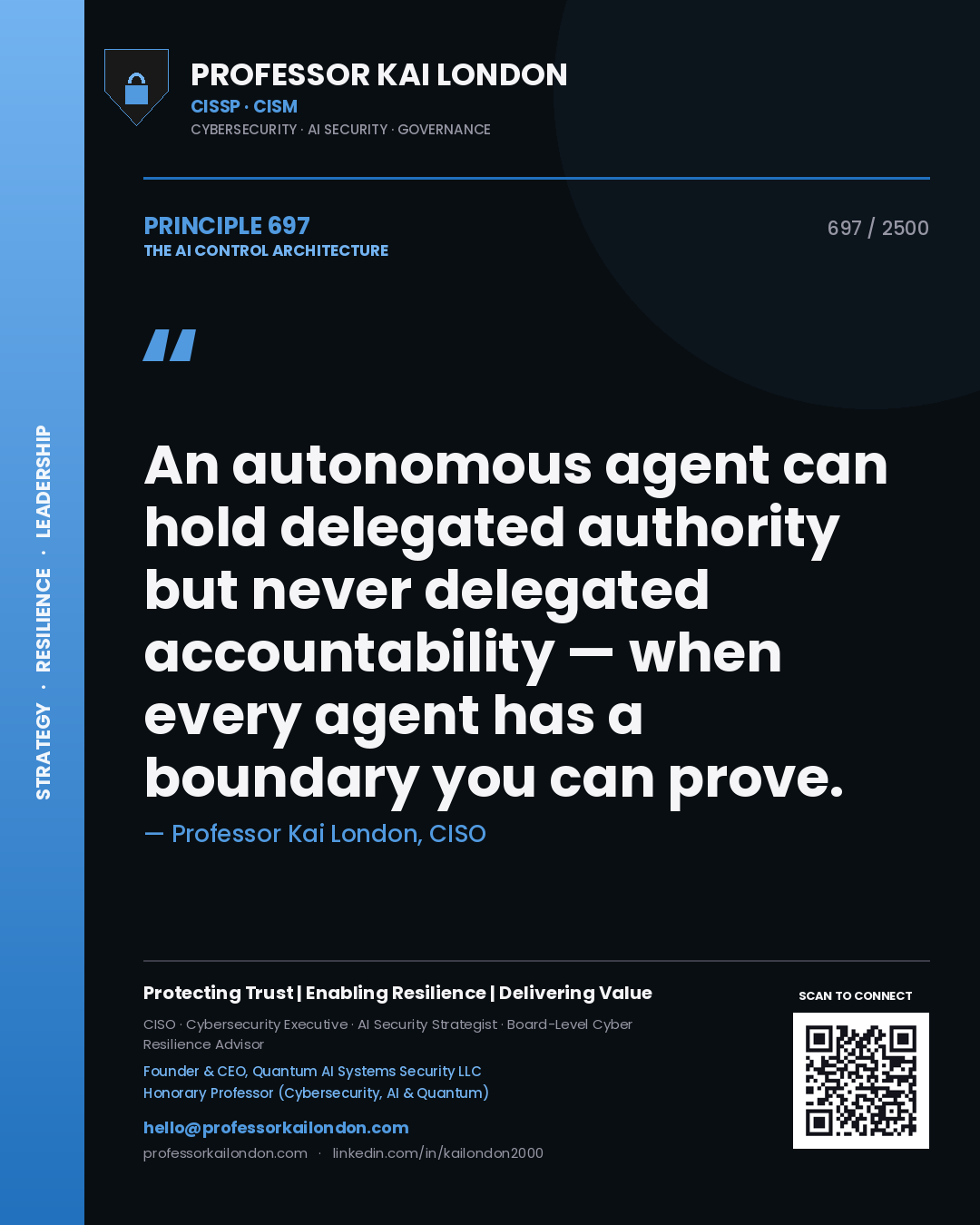 Professor Kai London principle 697: An autonomous agent can hold delegated authority but never delegated accountability — when every agent has a boundary you can prove.