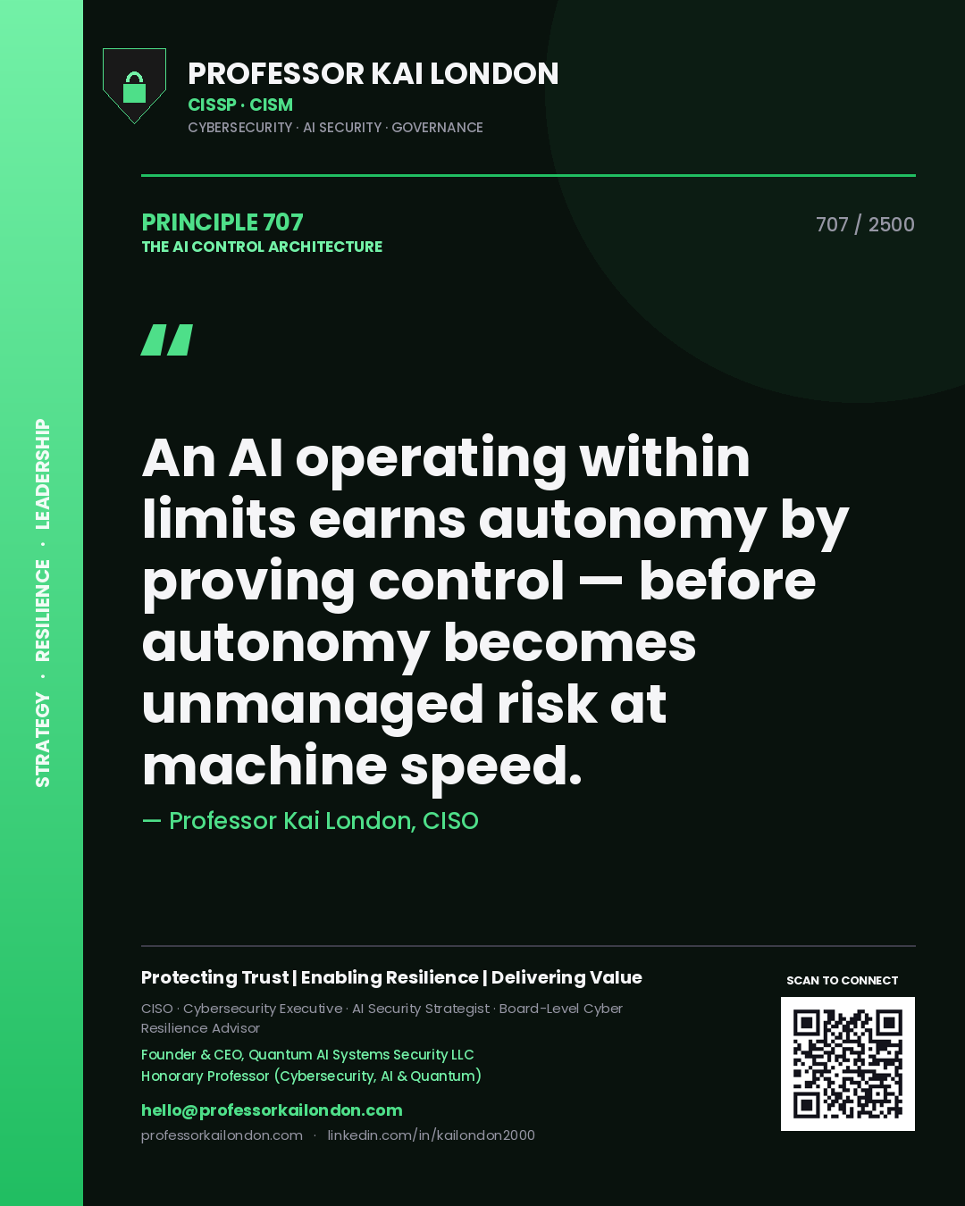 Professor Kai London principle 707: An AI operating within limits earns autonomy by proving control — before autonomy becomes unmanaged risk at machine speed.