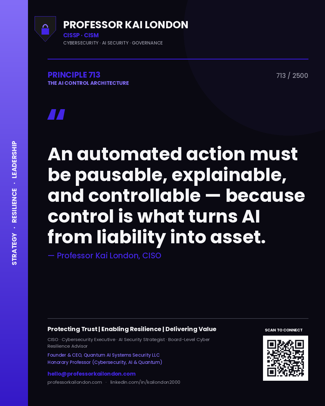 Quote card by Professor Kai London reading 'An automated action must be pausable, explainable, and controllable — because control is what turns AI from liability into asset.'. From the book The AI Control Architecture.