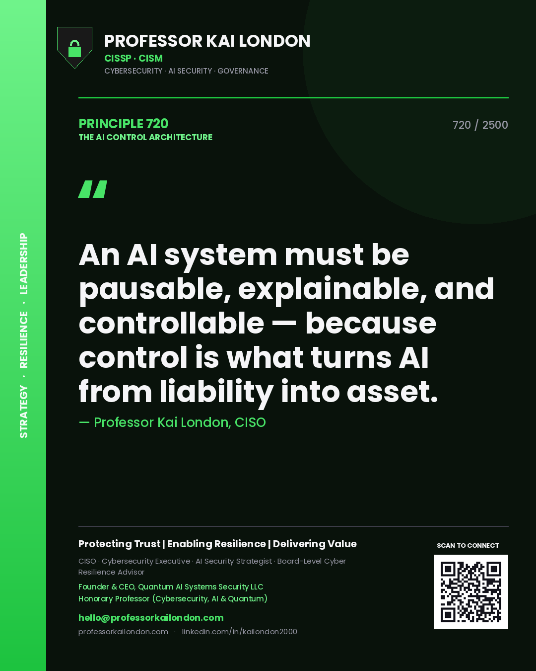 Quote card by Professor Kai London reading 'An AI system must be pausable, explainable, and controllable — because control is what turns AI from liability into asset.'. From the book The AI Control Architecture.