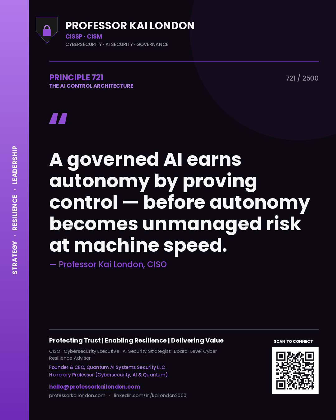 Quote card by Professor Kai London reading 'A governed AI earns autonomy by proving control — before autonomy becomes unmanaged risk at machine speed.'. From the book The AI Control Architecture.