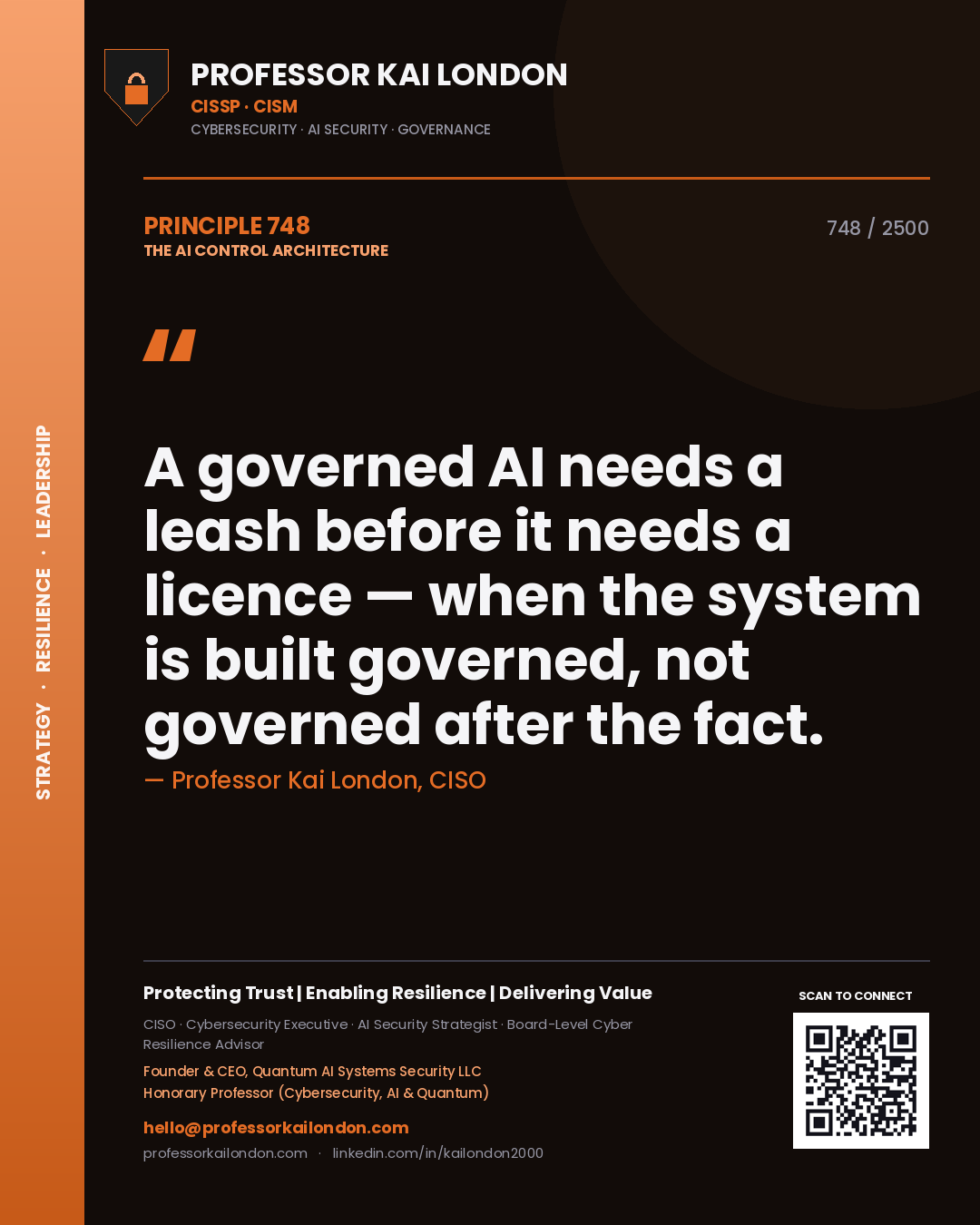 Quote card by Professor Kai London reading 'A governed AI needs a leash before it needs a licence — when the system is built governed, not governed after the fact.'. From the book The AI Control Architecture.