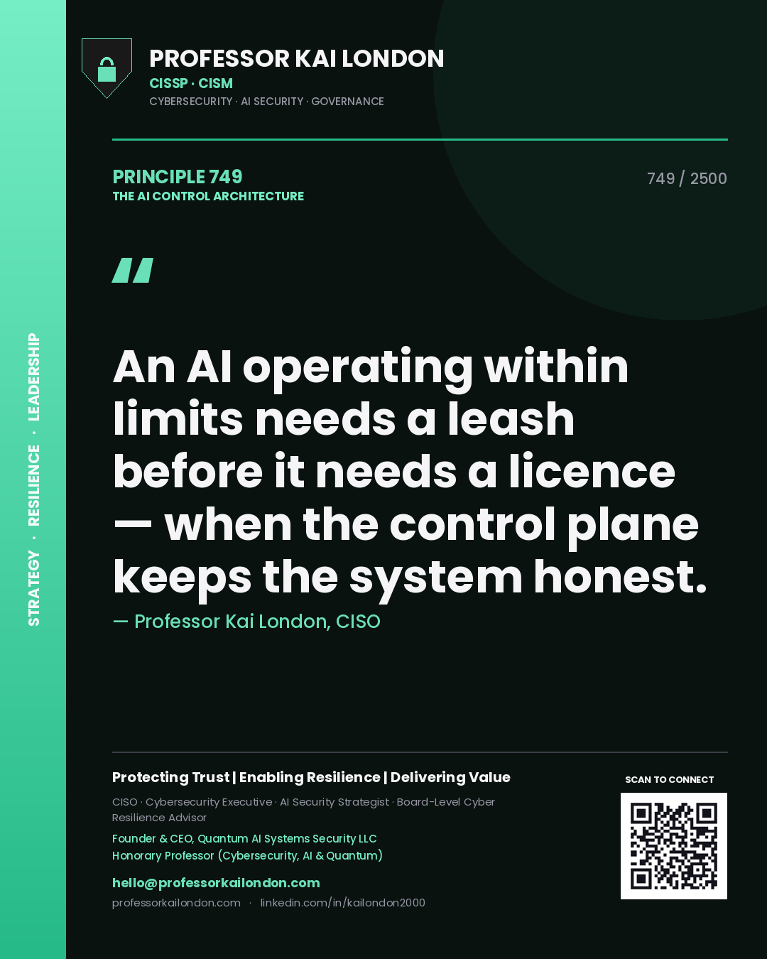 Quote card by Professor Kai London reading 'An AI operating within limits needs a leash before it needs a licence — when the control plane keeps the system honest.'. From the book The AI Control Architecture.