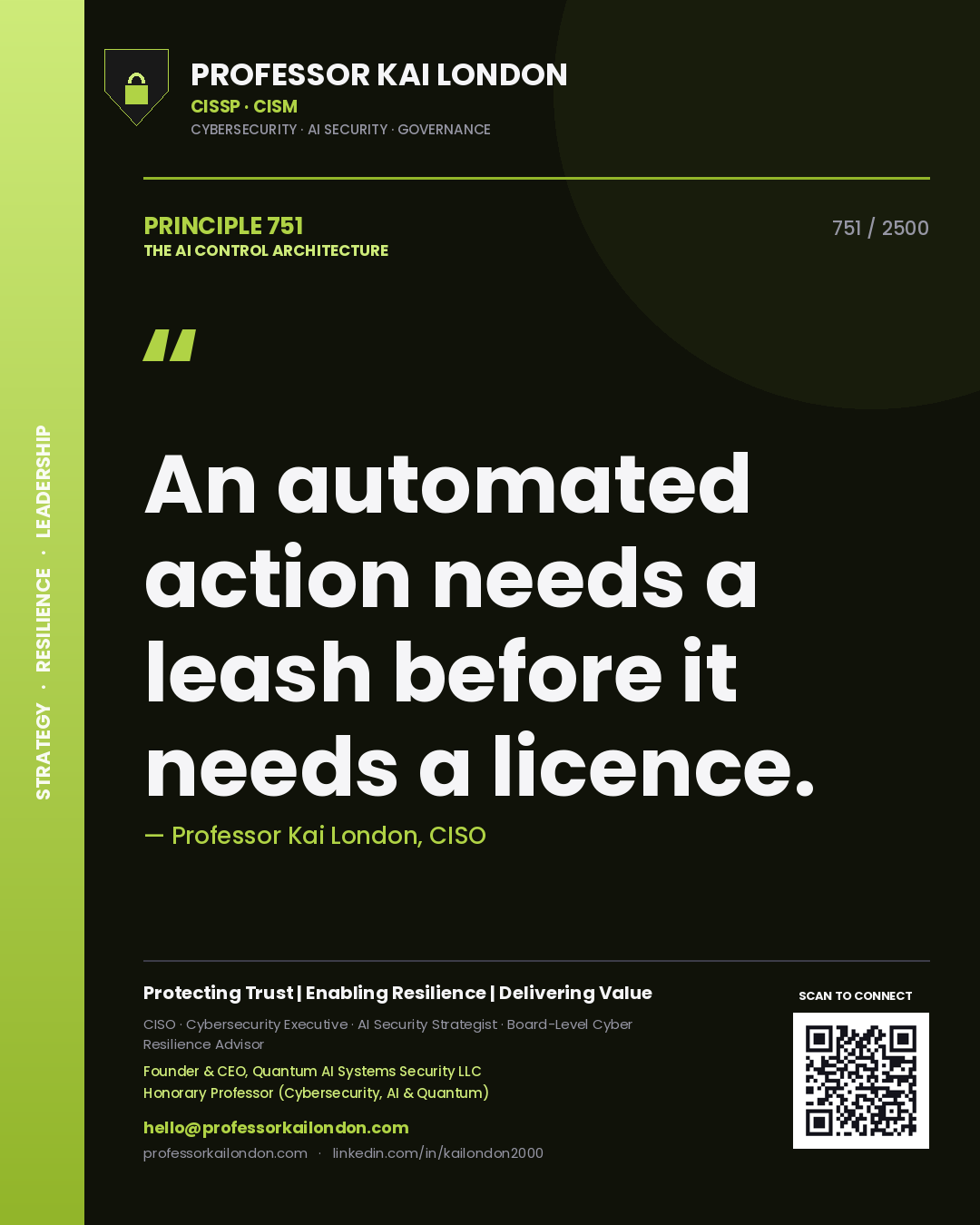 Quote card by Professor Kai London reading 'An automated action needs a leash before it needs a licence.'. From the book The AI Control Architecture.
