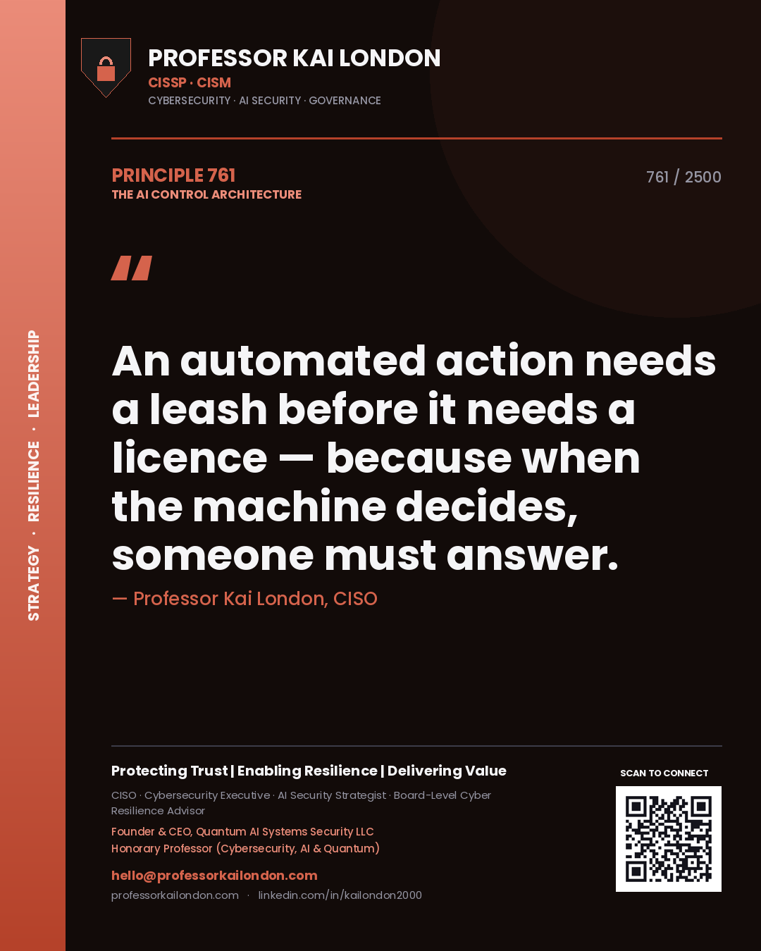 Quote card by Professor Kai London reading 'An automated action needs a leash before it needs a licence — because when the machine decides, someone must answer.'. From the book The AI Control Architecture.