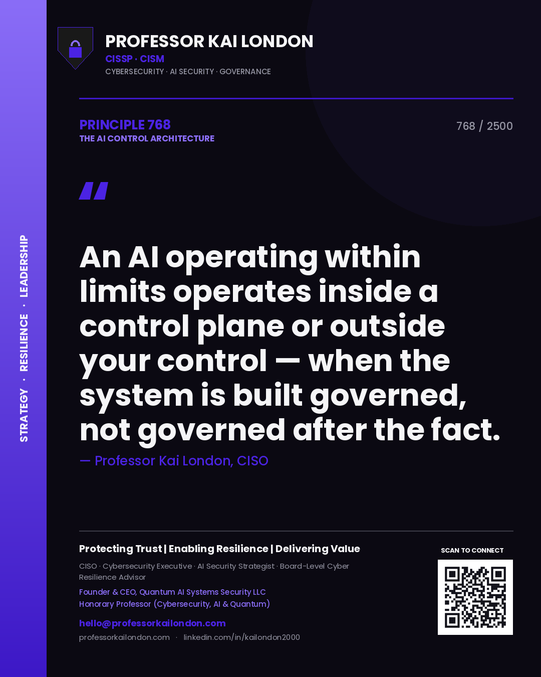 Professor Kai London principle 768: An AI operating within limits operates inside a control plane or outside your control — when the system is built governed, not governed after the fact.