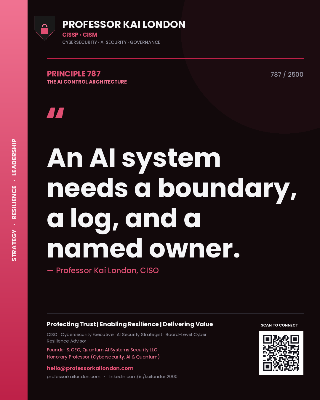 Quote card by Professor Kai London reading 'An AI system needs a boundary, a log, and a named owner.'. From the book The AI Control Architecture.
