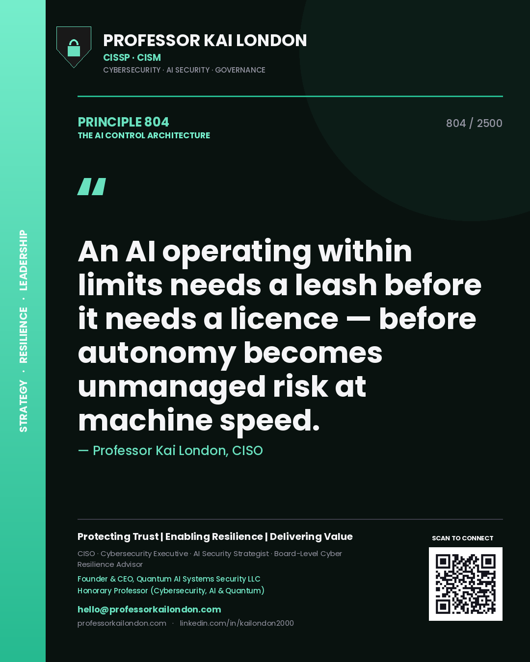 Professor Kai London principle 804: An AI operating within limits needs a leash before it needs a licence — before autonomy becomes unmanaged risk at machine speed.