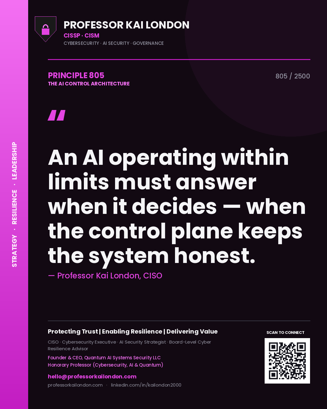Professor Kai London principle 805: An AI operating within limits must answer when it decides — when the control plane keeps the system honest.