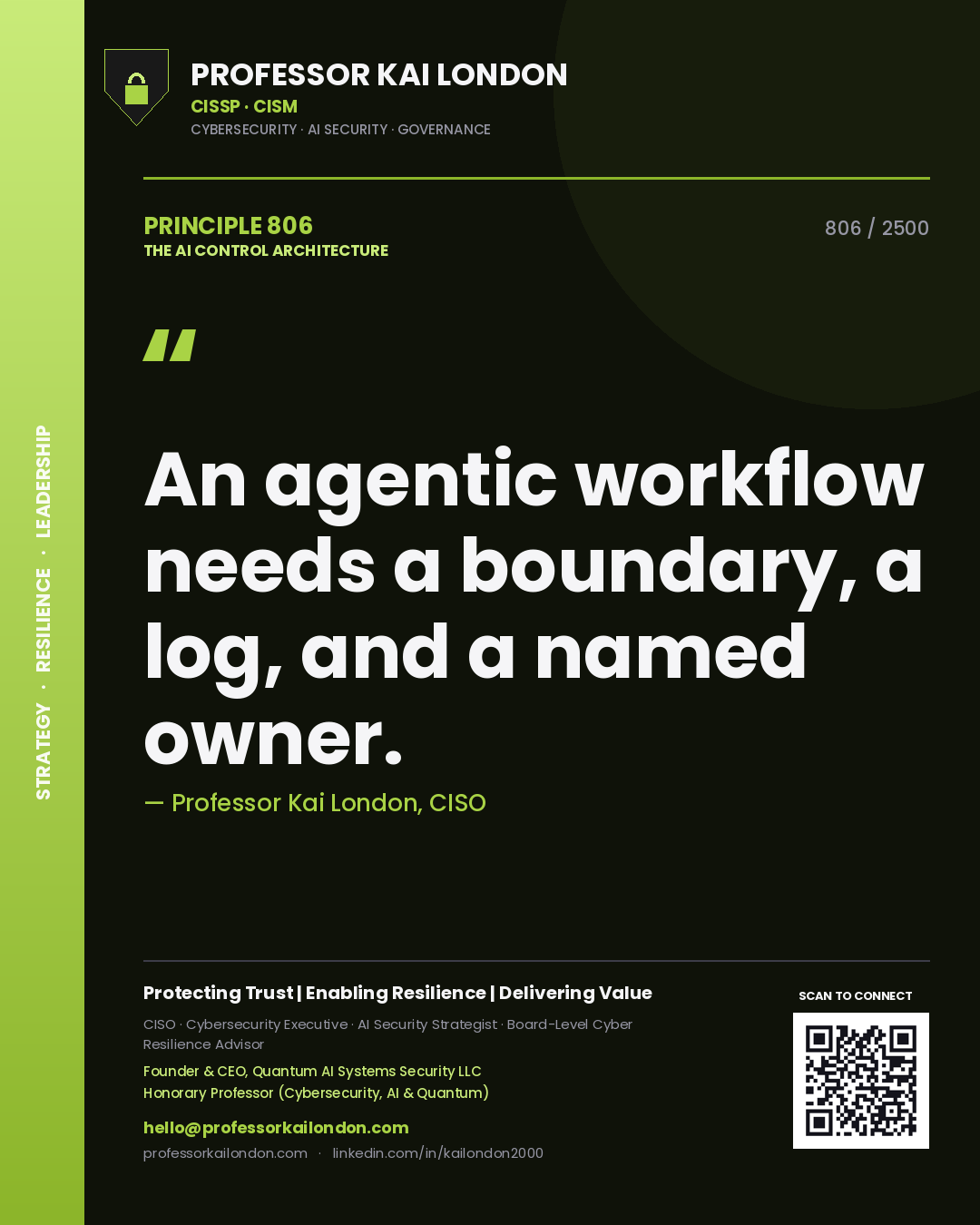 Quote card by Professor Kai London reading 'An agentic workflow needs a boundary, a log, and a named owner.'. From the book The AI Control Architecture.